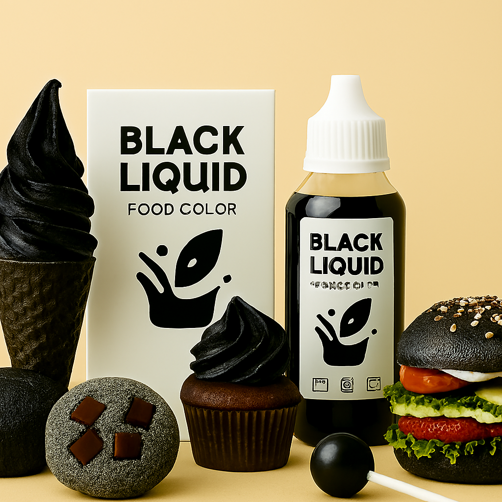 Black liquid food color bottle alongside black-themed desserts including ice cream, cupcake, cookie, and burger – showcasing the use of natural carbon black color in bakery, confectionery, and savory foods.