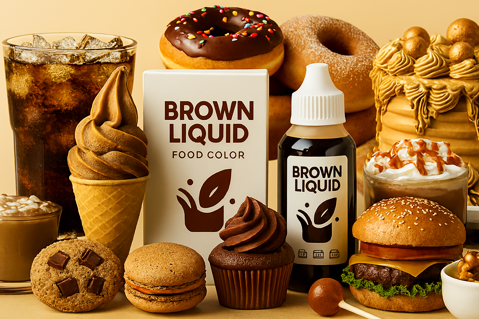 Brown liquid food color bottle and packaging surrounded by various brown-colored foods including soft serve ice cream, chocolate cupcake, macarons, donut, burger, caramel cake, coffee, and soda — plant-based, clean-label coloring for desserts, beverages, and baked goods.