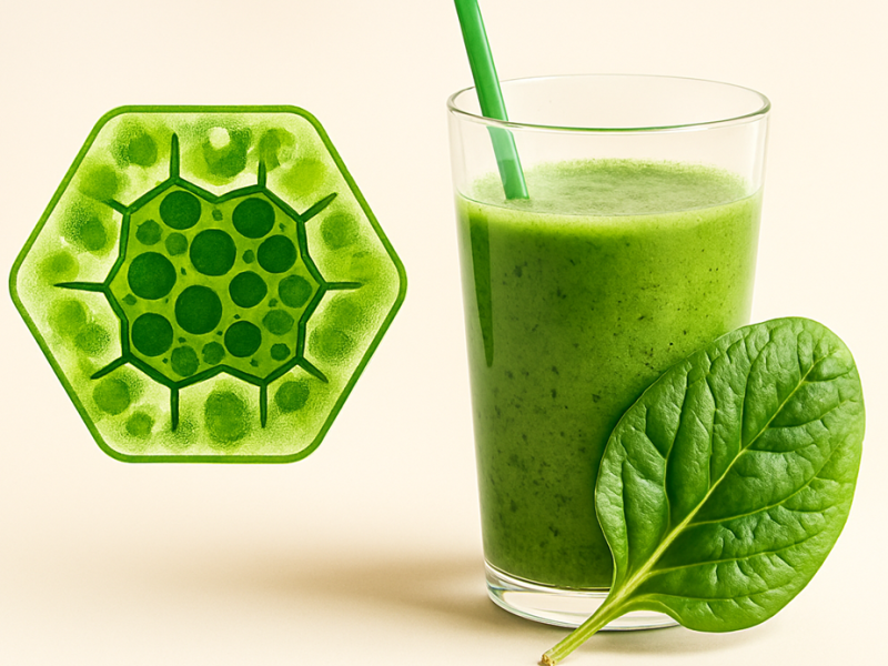Chlorophyll green color introduction image Green spinach smoothie in a glass with a fresh spinach leaf and illustrated plant cell diagram — highlighting the nutritional value and cellular structure of leafy greens for health and education.