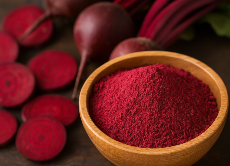 eetroot Red Natural Food Color (E162) Natural red beetroot powder in a wooden bowl beside fresh sliced beets — organic beet powder for cooking and healthy drinks.