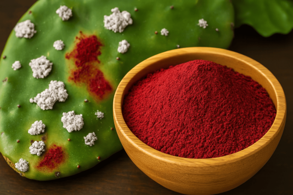 Natural cochineal dye in a wooden bowl beside a prickly pear cactus pad infested with cochineal insects, showing white clusters and red pigment stains — traditional source of red food and cosmetic coloring