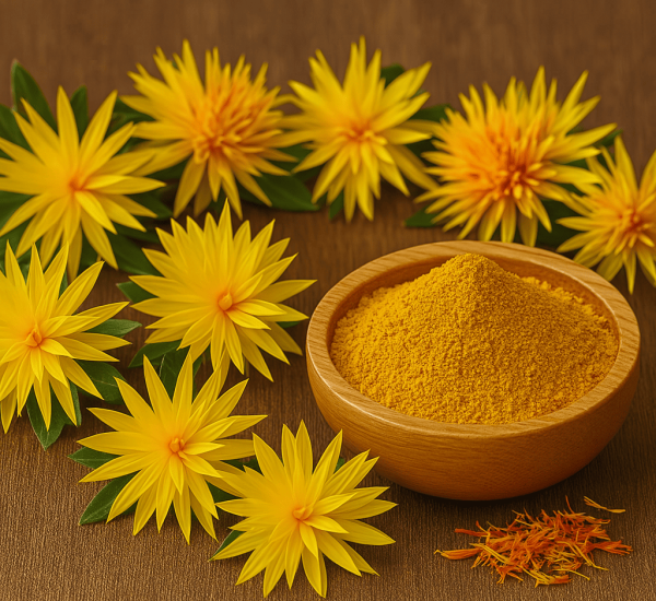Natural safflower-derived Cartamus pigment in powder form — water-soluble yellow-red dye used in organic food, cosmetics, and textile coloring.