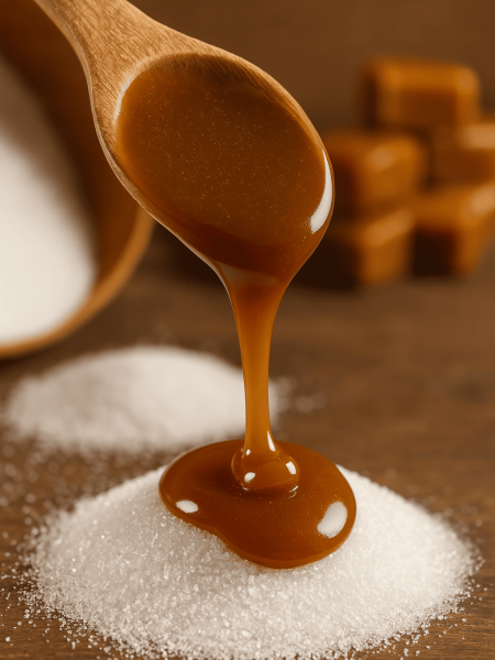 Natural caramel food color being poured from a spoon onto granulated sugar — plant-based, clean-label coloring for desserts and beverages.