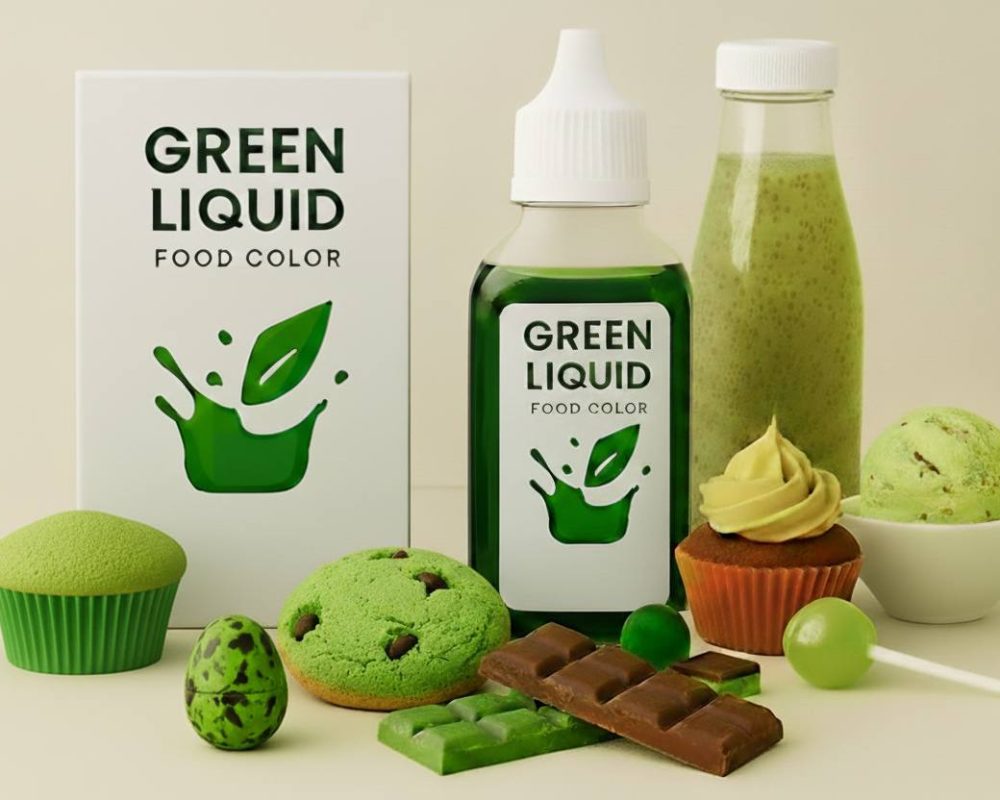 photo_2025-10-17_20-11-27 Assorted green-colored desserts and treats displayed around a bottle of green liquid food color — including green smoothie, cupcakes, ice cream, macaron, chocolate bar, lollipop, and cookies, showcasing the versatility of edible green dye in culinary creations.